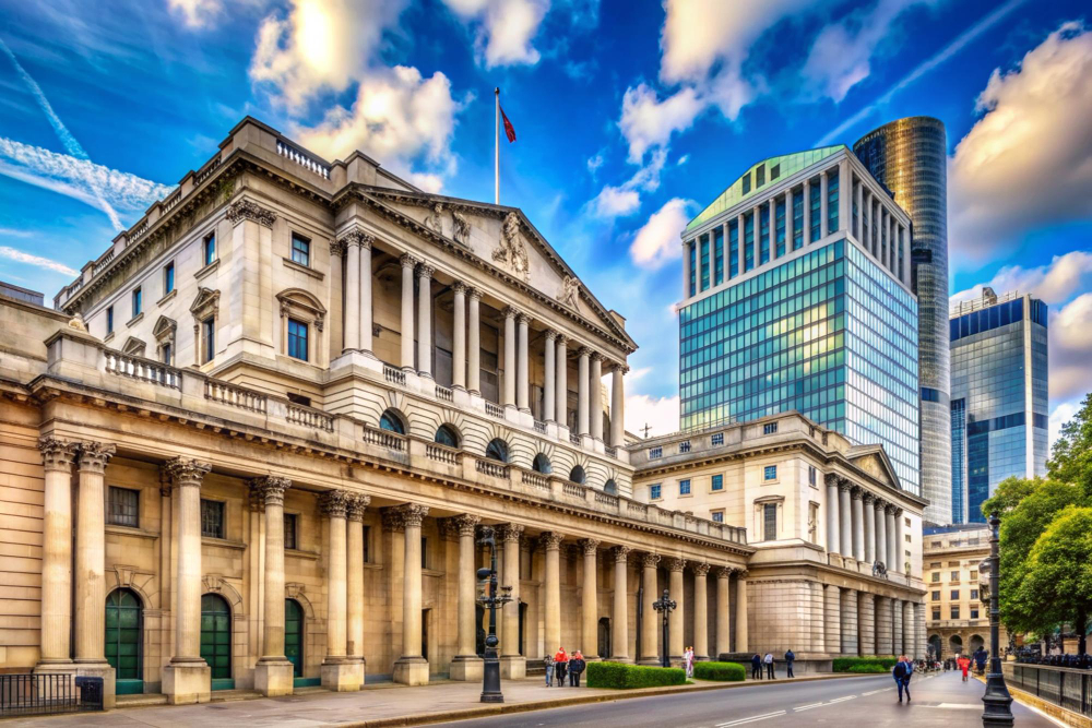 Bank in England with blue skies